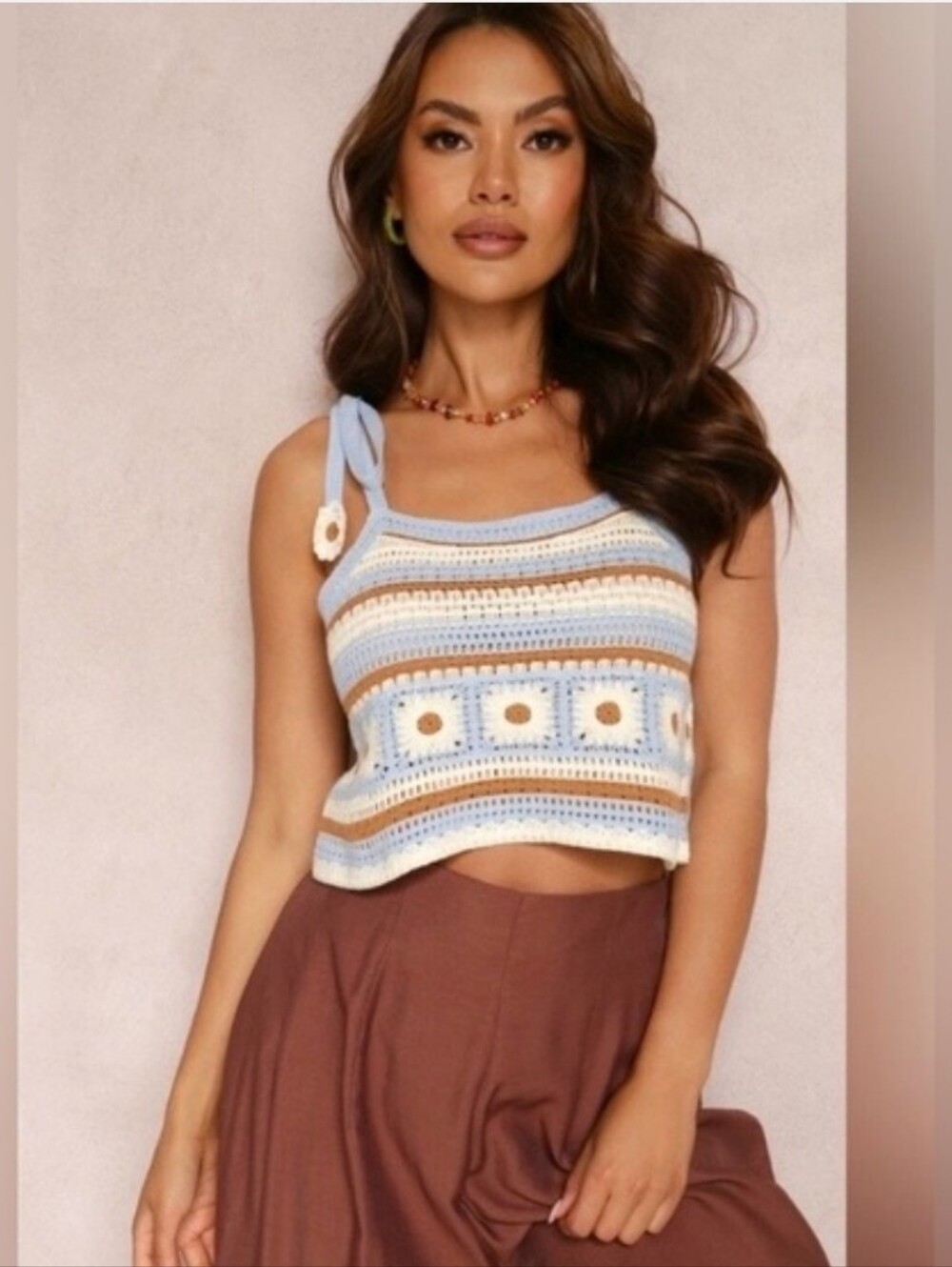 New In Crochet Tie-Strap Tank Top in Light Blue and Cream